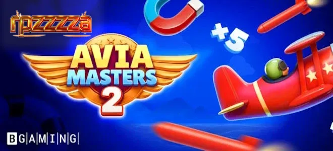 Tampilan layar permainan Aviamasters 2 dengan elemen visual bertema penerbangan yang modern.
